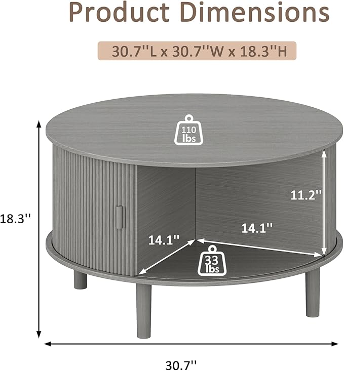 Coffee Table and TV Stand Set of 2, Round Center Table with Storage, Fluted Coffee Table with 360° Sliding Doors, 86.6" Entertainment Center for Bedroom, Living Room, Grey