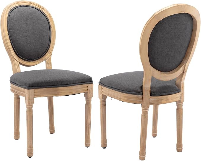 French Country Dining Chairs Set of 2,Farmhouse Upholstered Dining Room Chairs with Round Back and Solid Leg,Fabric Kitchen Side Chairs for Kitchen/Bedroom/Dining Room,Gray