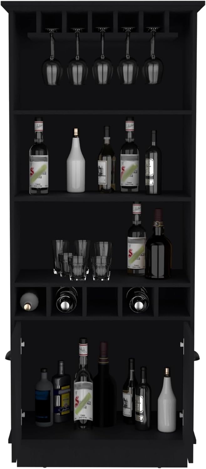 70-Inch High 10-Glass Bar Cabinet with 5 Cubbies and 3 Open Shelves and Cabin...