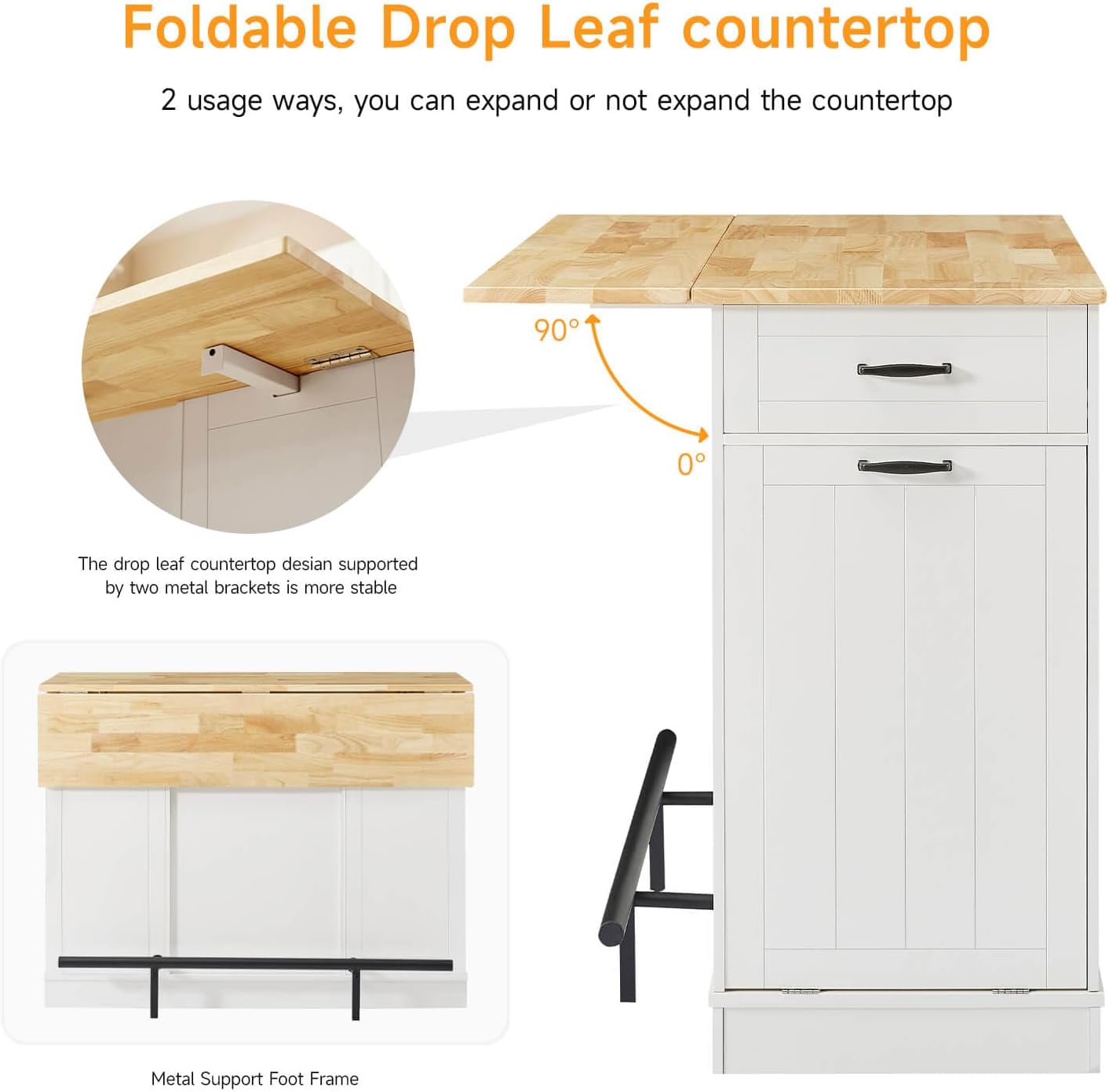 ONBRILL Stationary Kitchen Islands Include 2 Chairs, 47" Kitchen Island with Drop Leaf, Home Bar Table with Spice Rack & with Trash Cabinet, Island Table for Dining Room with Power Outlet, White