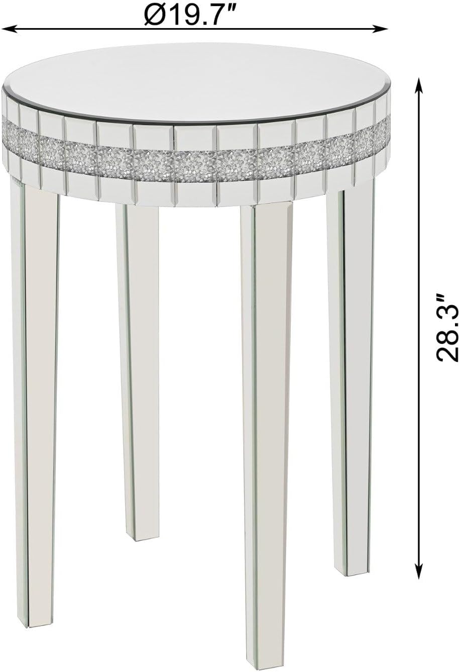 Round Mirror Accent Table with Crushed Diamond Edge Frame, 19.7" Mirrore...