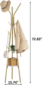 HOMEFORT Coat Rack, Coat Hanger Stand with 2 Shelves, Freestanding Hall Tree, Metal Hat Hanger with 12 Hooks for Clothes Hats and Scarves (Gold)