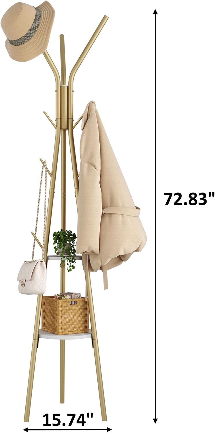 HOMEFORT Coat Rack, Coat Hanger Stand with 2 Shelves, Freestanding Hall Tree, Metal Hat Hanger with 12 Hooks for Clothes Hats and Scarves (Gold)