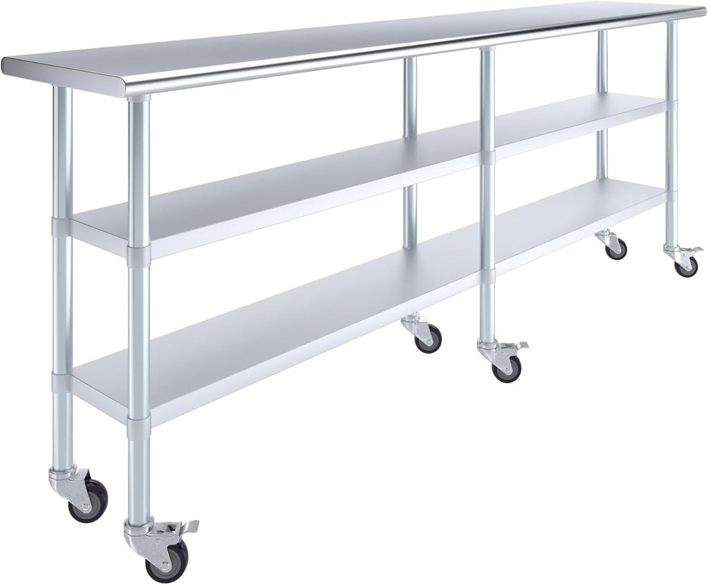 AmGood Stainless Steel Work Table with 2 Shelves and Casters | Metal Utility Table On Wheels (Stainless Steel, 96" Long x 18" Deep)