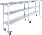 AmGood Stainless Steel Work Table with 2 Shelves and Casters | Metal Utility Table On Wheels (Stainless Steel, 96" Long x 18" Deep)