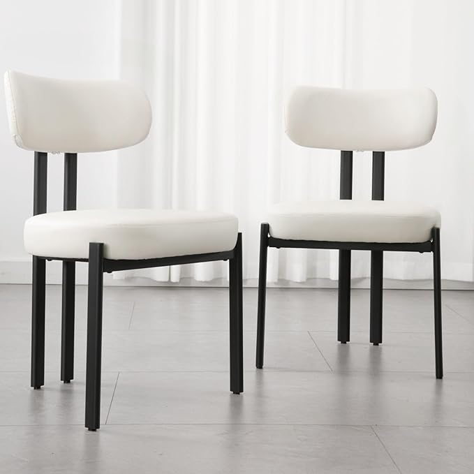 LukeAlon Faux Leather Dining Chairs Set of 2, Modern Curved Back Armless Kitchen Chairs with Black Metal Legs Upholstered Reception Guest Chairs for Home Office Restaurant Dining Room, White