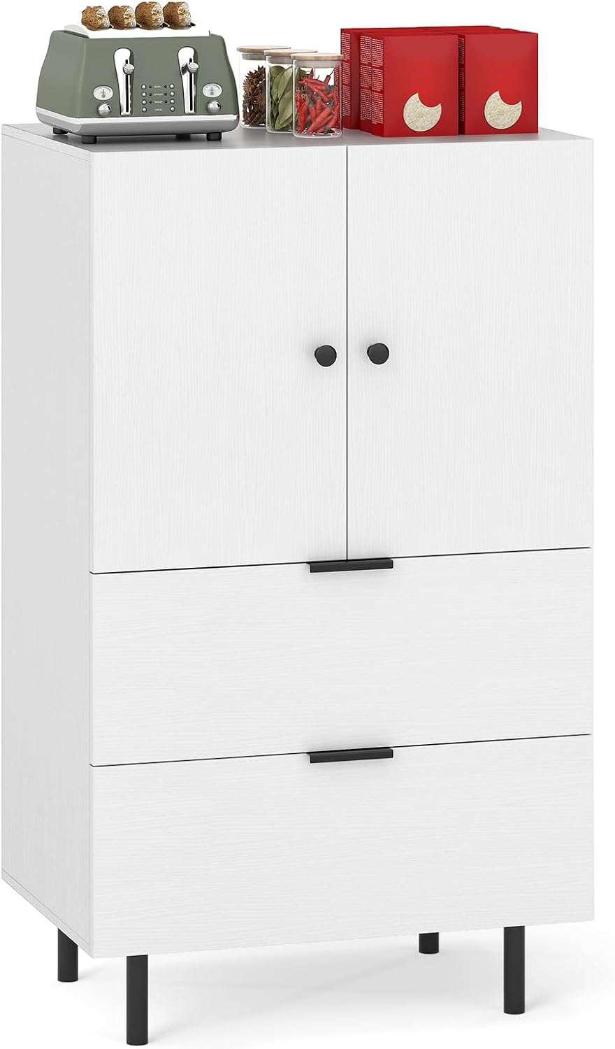LOKO Buffet Cabinet with 2 Drawers, 2-Door Serving Cupboard with Raised Metal...