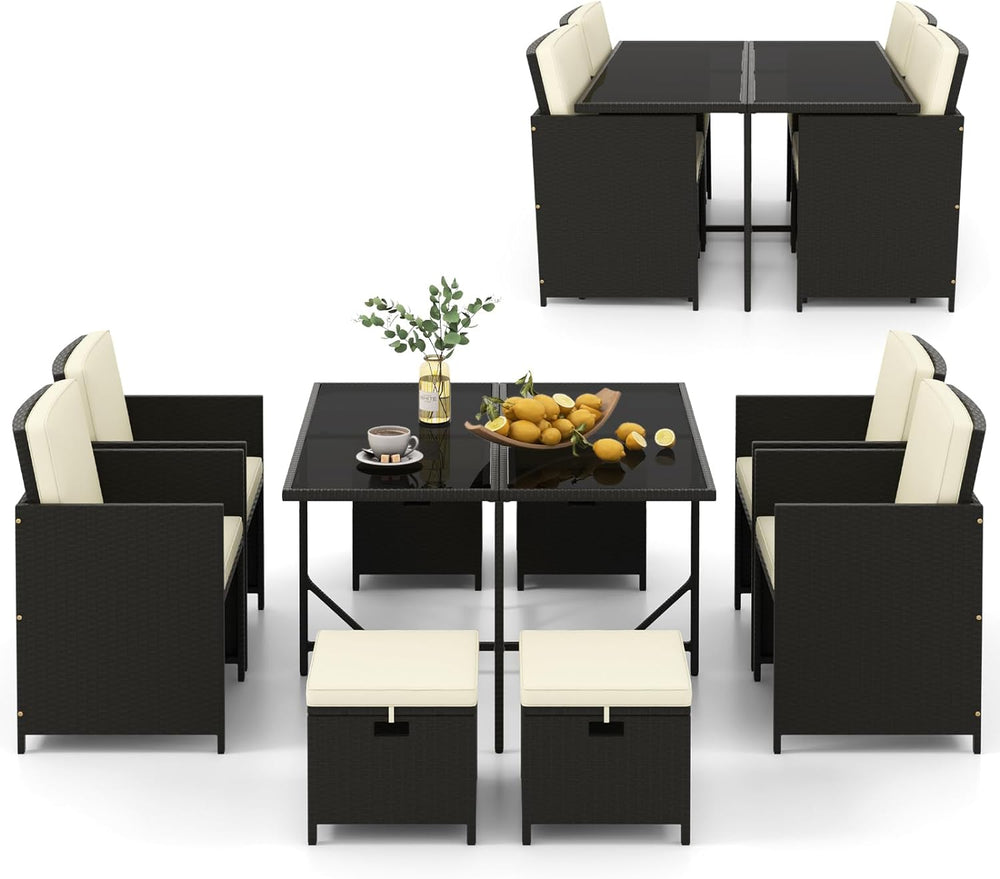 Tangkula 9 Pieces Outdoor Dining Furniture Set, Space-Saving Wicker Rattan Ch...