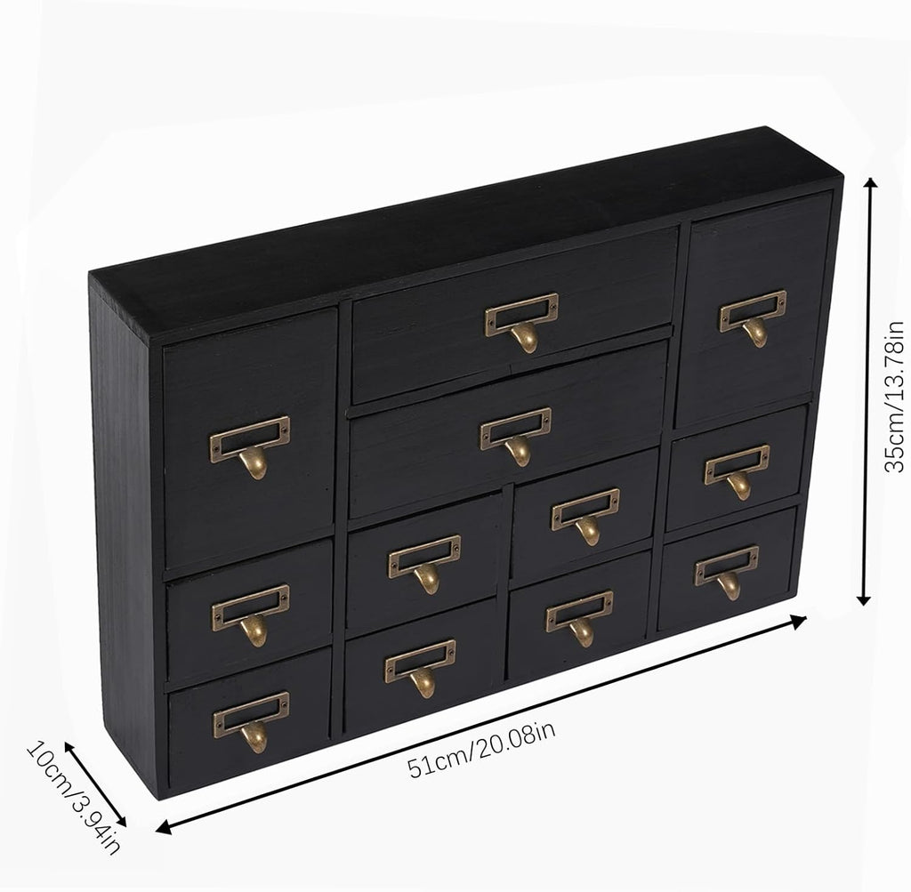 12-Drawer Wooden Storage Cabinet Organizer, Apothecary Cabinet Vintage Library Card Catalog Cabinets for Countertop Apothecary Tea Coffee Pod Storage (Black)