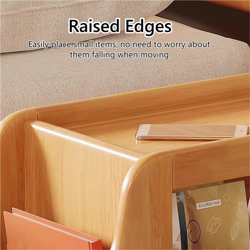 Movable Wood Side Tables with Casters, Rolling Table with Storage, Living Roo...