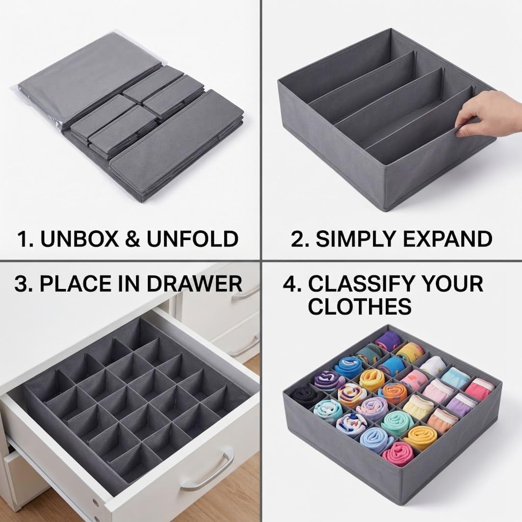SUREMAX 10-Pack Underwear Organizer for Clothing Underwear, Sock, Bra, Grey | Foldable, Fabric Underwear Drawer Organizer, Sock Organizer, Drawer Organizers