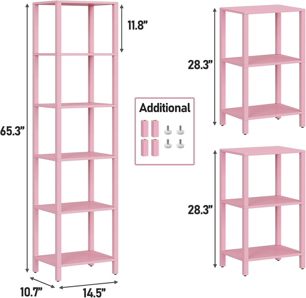 TUTOTAK Bookshelf, 6-Tier Tall Narrow Book Shelf for Small Space | 10.7 x 14.5 x 65.3 Inches Skinny Display Shelf with Storage for Living Room, Office, Study, Entryway, Pink BS01BP006