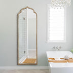 Large Gold Arched Mirror, 21"x64" Arch Standing Floor Mirrors for Dressing, Metal Beaded Frame Vintage Mirror, Scalloped Full Length Mirrors for Living Room Bedroom Hallway Entryway