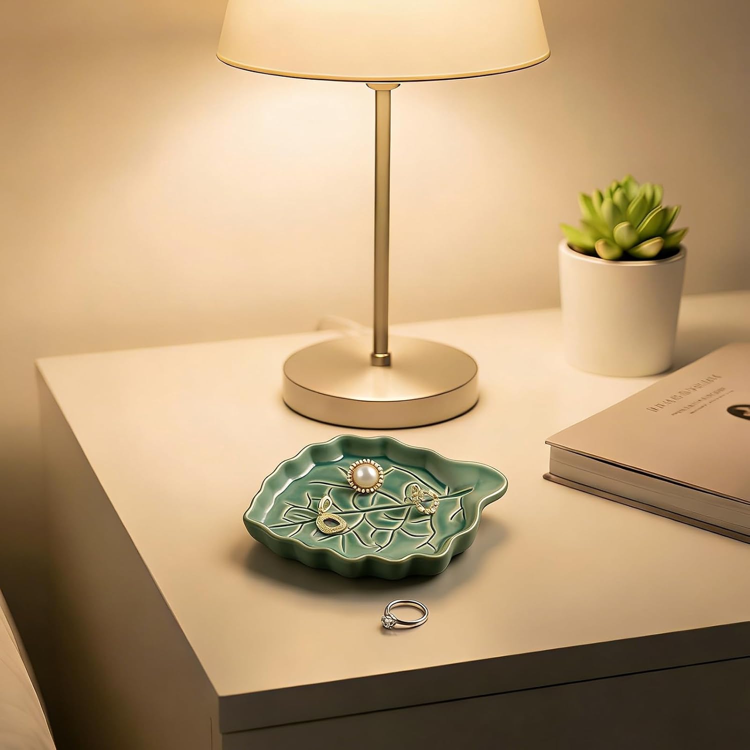 Ceramic Leaf Ring Dish, Small Trinket Tray with Gift Box | Holds rings, earrings, necklaces, keys, coins, and hair clips in one easy-to-see spot for daily use at home
