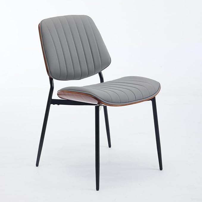 Dining Chairs Set of 2, Mid-Century Modern Upholstered PU Leather Chairs with Walnut Bentwood Back and Metal Legs Adjustable Feet for Kitchen Dining Living Room, Gray Vertical Stripes