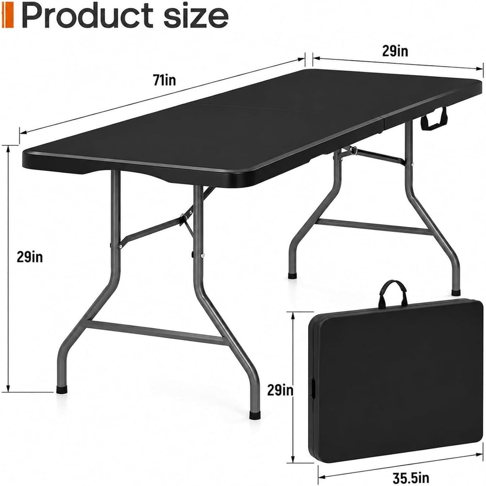 Folding Table 6ft, Heavy Duty Plastic Fold-in-Half Utility Table, Black | Por...