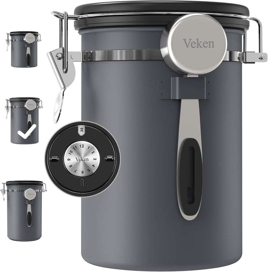 Veken Coffee Canister, Airtight Stainless Steel Kitchen Food Storage Container with Date Tracker and Scoop for Grounds Coffee, Beans, Tea, Flour, Cereal, Sugar, 22OZ, Gray