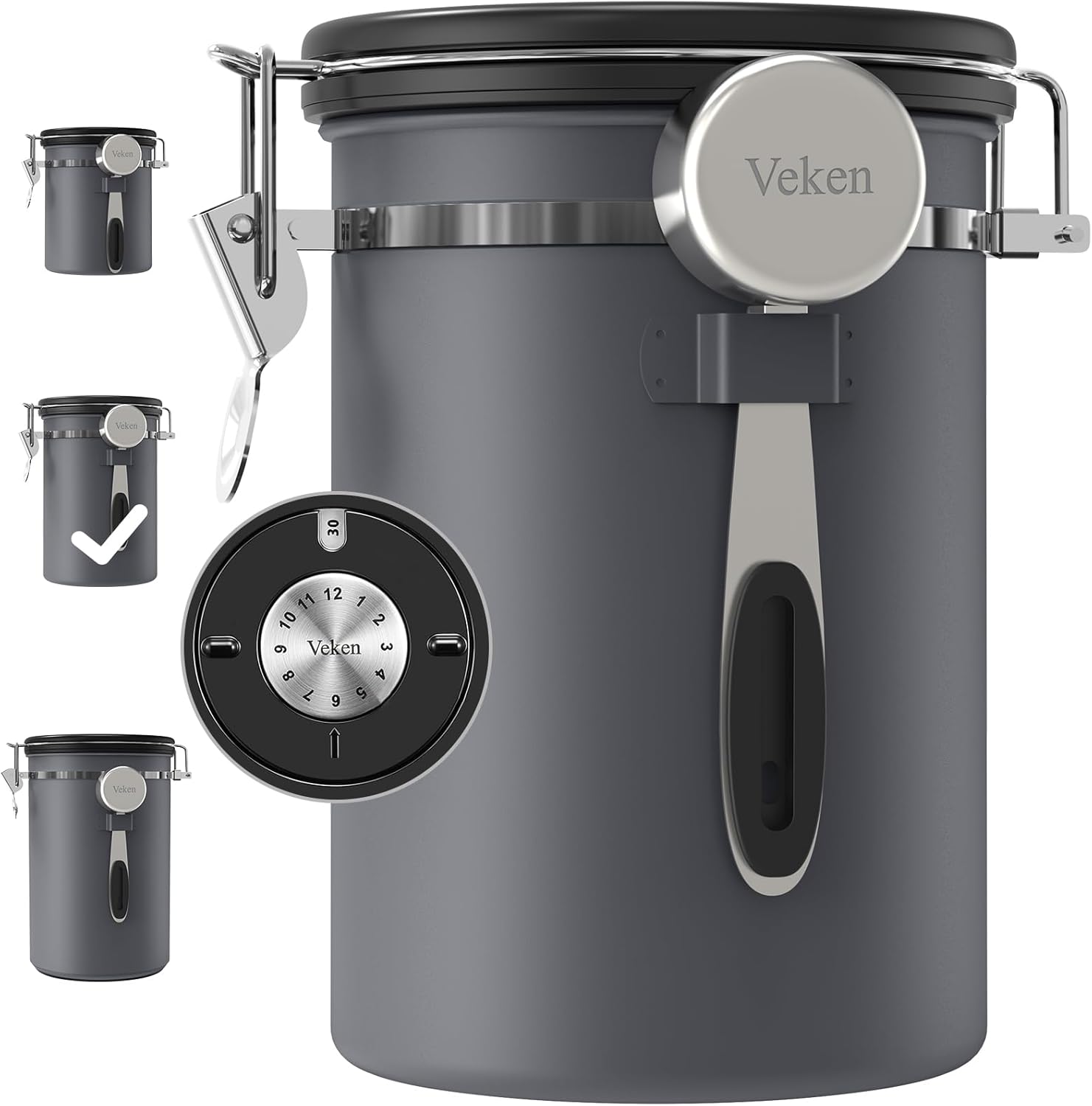 Veken Coffee Canister, Airtight Stainless Steel Kitchen Food Storage Container with Date Tracker and Scoop for Grounds Coffee, Beans, Tea, Flour, Cereal, Sugar, 22OZ, Gray