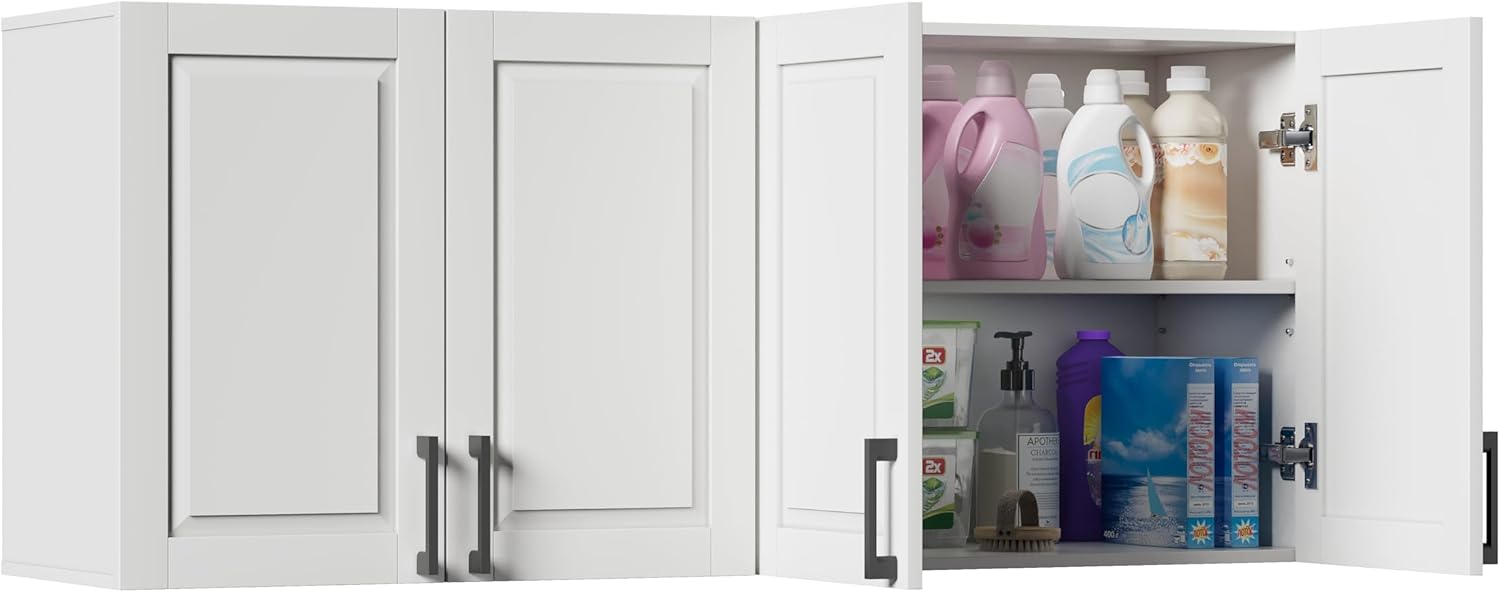 ChooChoo Laundry Room Cabinets, 4 Doors Wall Mounted Storage Cabinet, Kitchen Wall Storage, Bathroom Wall Cabinet, White