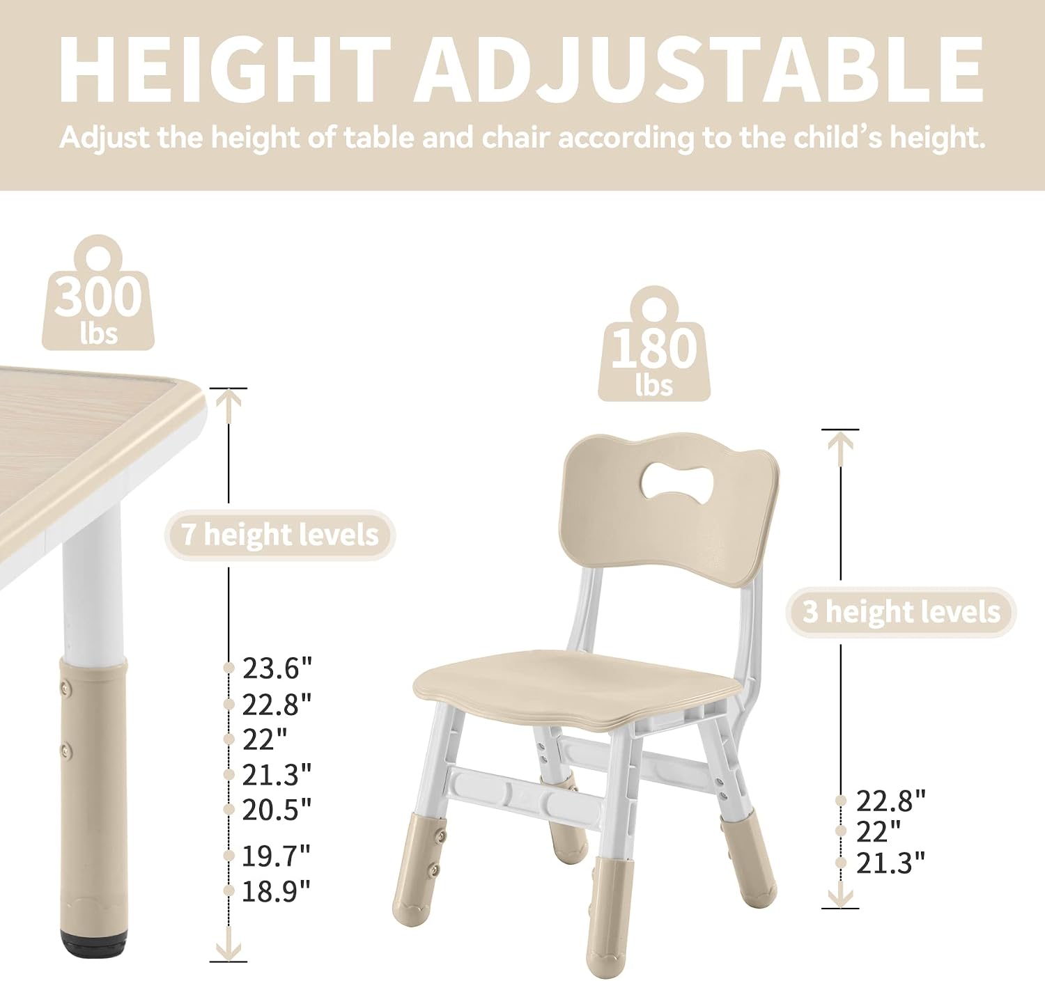DOREROOM Adjustable Kids Table & 4 Chairs Set, 47.2" L x 23.6" W, Natural-W | Graffiti Desktop,Table Supports 300 lbs,Toddler Ages 2-8，FSC-certified, Children Activity Table for Daycare, Classroom, Home