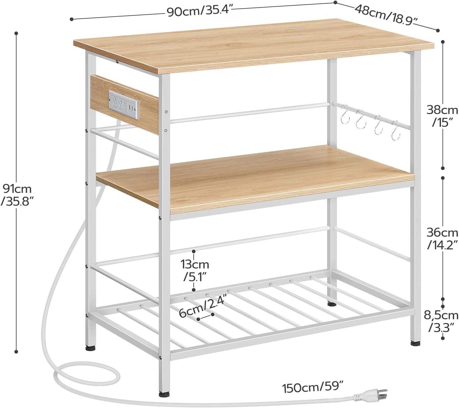 HOOBRO Kitchen Island with Storage, Kitchen Island Table with Power Outlet, 3 Tier Coffee Station and Microwave Stand, for Home, Kitchen and Dining Room, Natural and White WN021ZD01