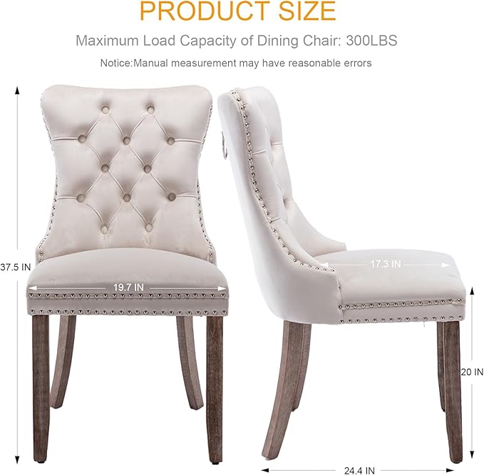 Velvet Dining Chairs Set of 2, Tufted Upholstered Dining Room Chairs with Back Ring Pull, Nailhead Trim and Solid Wood Legs, Modern Dining Chairs for Dining Room, Kitchen(Beige)
