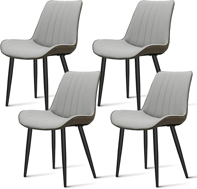 Dining Chairs Set of 4, Leather Modern Kitchen & Dining Room Chairs, Comfortable Upholstered Kitchen Chairs with Metal Legs Armless Side Chairs for Kitchen Restaurant, Light Grey & Dark Grey