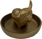 Golden Highland Cow Ring Stand with Circular Dish - Cute Cow Jewelry Organizer Holder, Unique Home Office Desk Decor for Women, Resin Ring Plate Tray Gift (5.9x5.9x3.94 Inches)