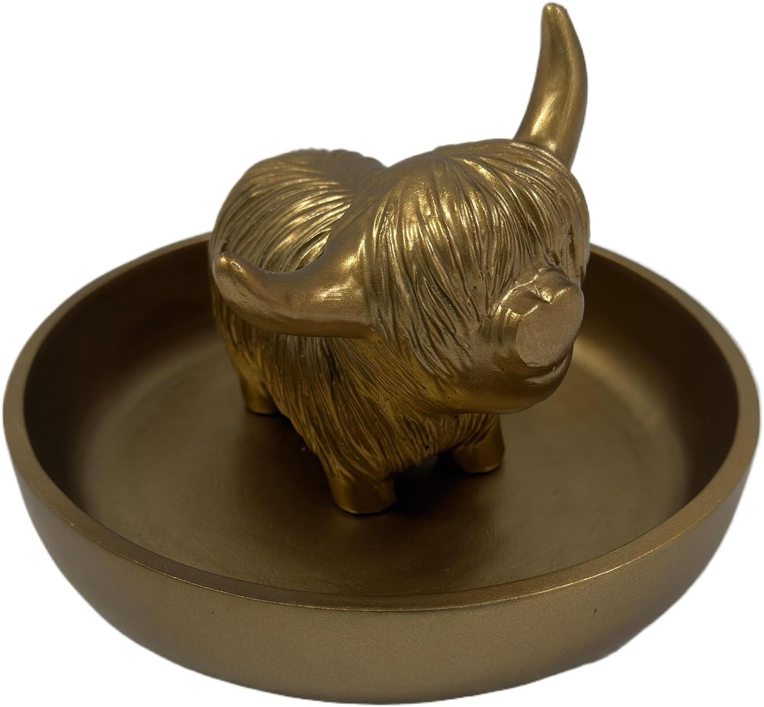 Golden Highland Cow Ring Stand with Circular Dish - Cute Cow Jewelry Organizer Holder, Unique Home Office Desk Decor for Women, Resin Ring Plate Tray Gift (5.9x5.9x3.94 Inches)