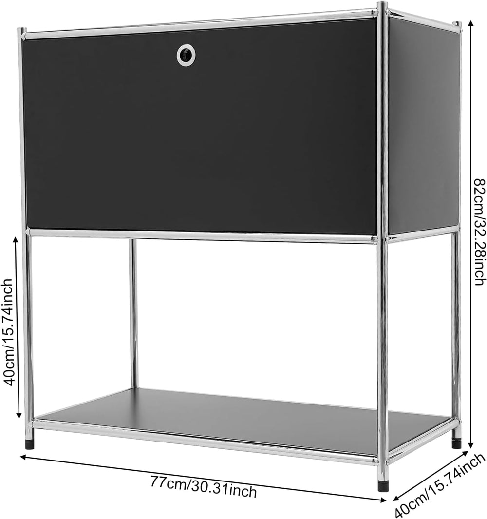 Modern Metal Side Table with Drop-Door & Open Shelf, 27.5" Height Si...