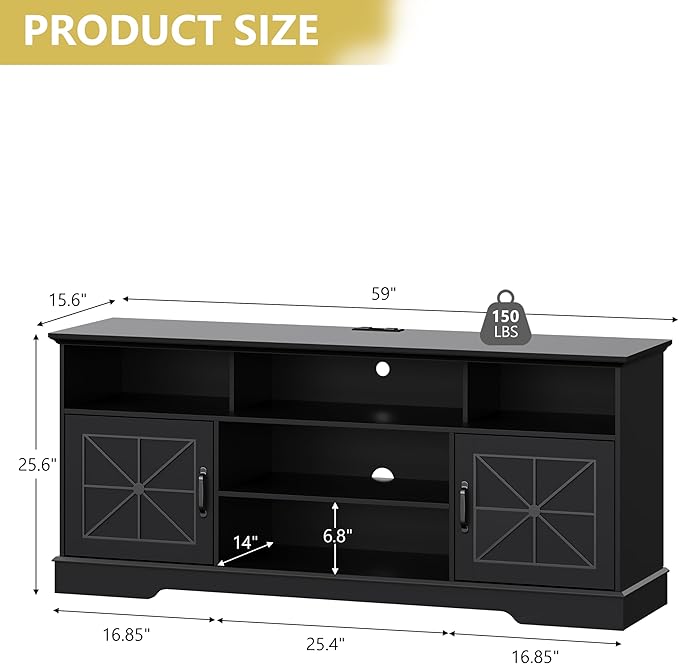 Farmhouse TV Stand for 65/60/55 Inch Tvs, Rustic Entertainment Center with LED Lights and Power Outlets, Modern Media Console Table, Wood Television Furniture for Living Room, Bedroom, Black