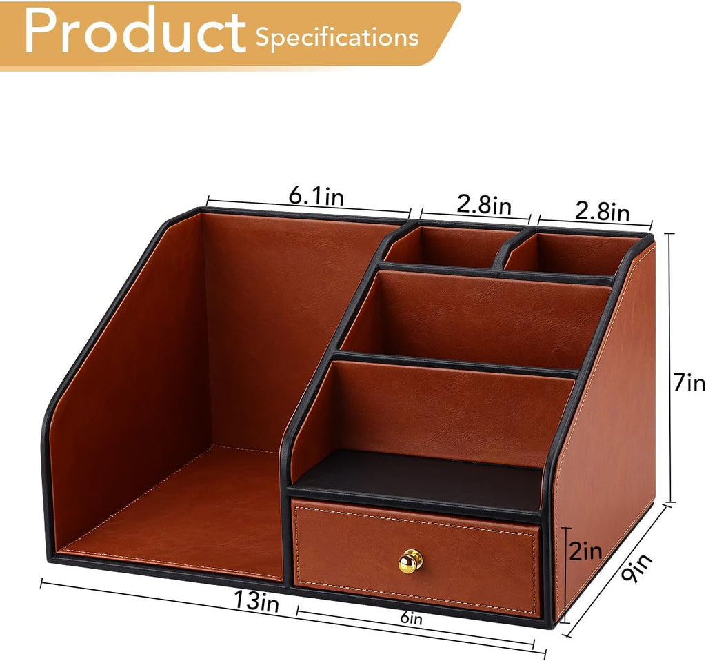 GORESE PU Leather Desk Organizer with Magazine File holder, Drawer and 4 Compartments, Office Workspace Organizers and Accessories, Large Desktop Organization with File Rack Pen Holder - Tan Brown
