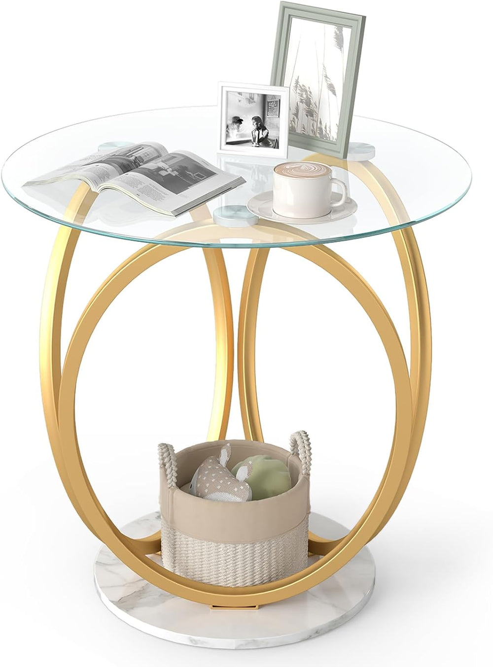 Giantex Round End Table, Faux Marble Sofa Couch Side Table with Tempered Glas...