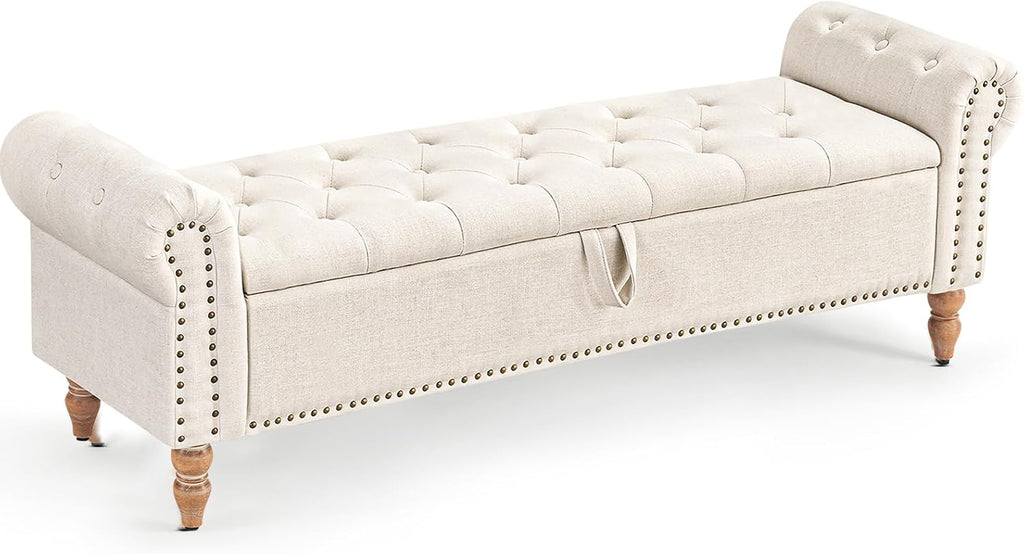 Furniliving 63” End of Bed Bench, Bedroom Bench with Button-Tufted, Large Upholstered Storage Ottoman Benches Entryway Bench with Storage Shoe Cabinet Bench, for Bedroom, Living Room, Linen, Beige