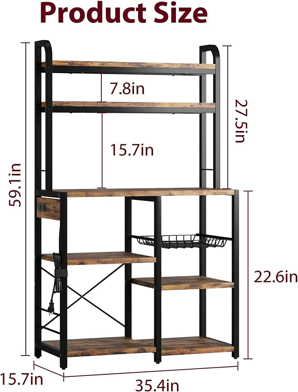 GAOMON Bakers Rack with Power Outlet, Kitchen Baker Rack with Wire Basket, Microwave Stand with Large Open Storage Shelves, 6-Tier Freestanding Utility Storage Shelf, Retro Brown
