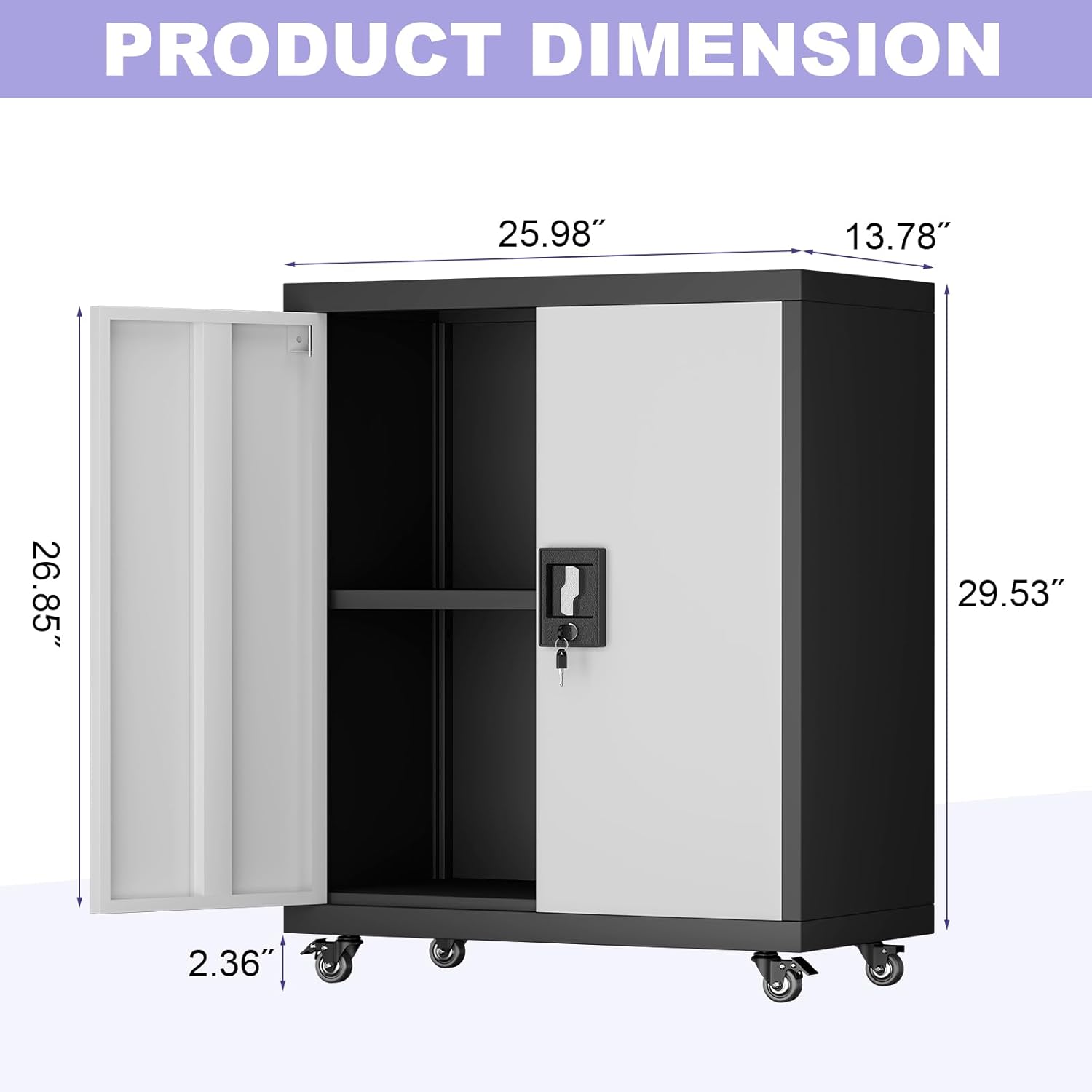 Metal Storage Cabinet with Wheels, Steel Mobile Garage Cabinets with Lockable Door and Adjustable Shelf, Metal Rolling Tool Cabinet, Utility Cabinet for Home, Office, Black+Gray