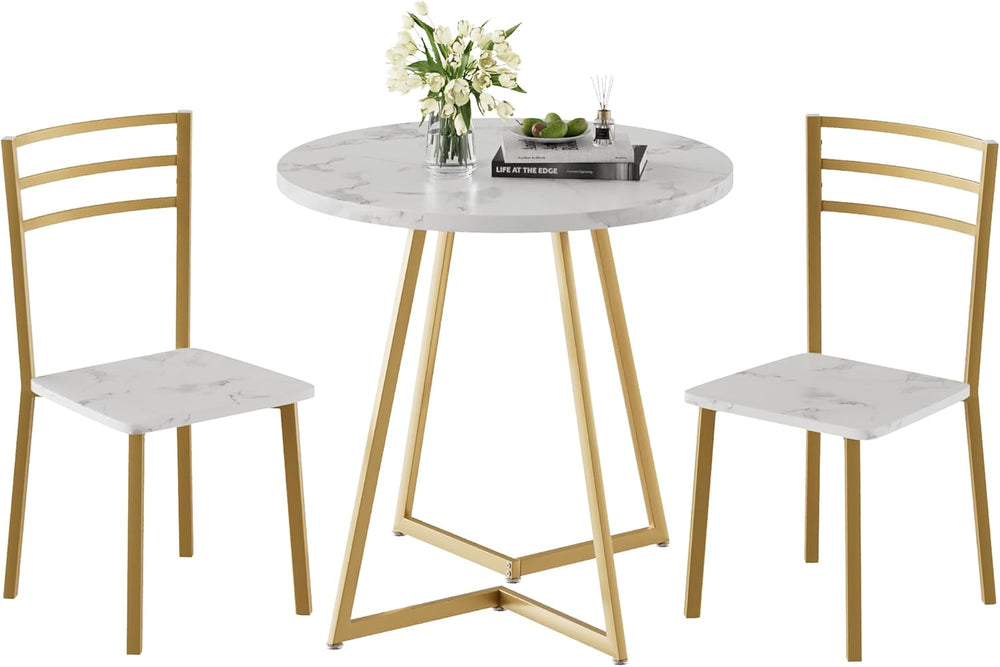 VECELO Small Round Dining Table Set for 2, Wood Tabletop with Strong Metal Fr...