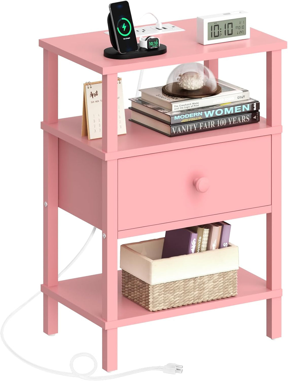 Lerliuo Nightstand with Charging Station and USB Ports, 3-Tier Storage Pink E...