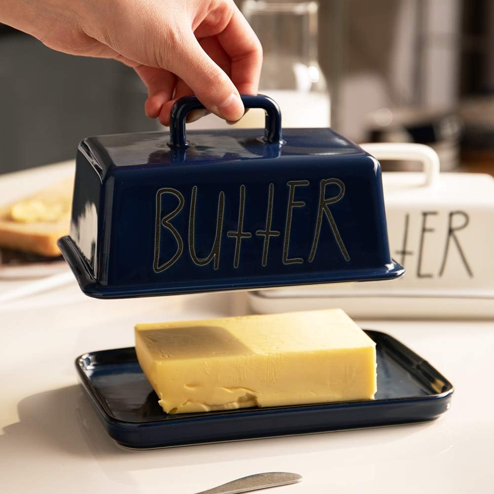 Sweejar Ceramic Butter Dish with Handle Lid, 7.3 Inch Porcelain Large Butter Keeper with Cover, Perfect for East/West Butter (Navy)