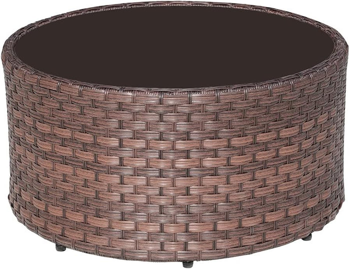 SUNSITT 28" Round Wicker Outdoor Coffee Table with Tempered Glass Top Brown