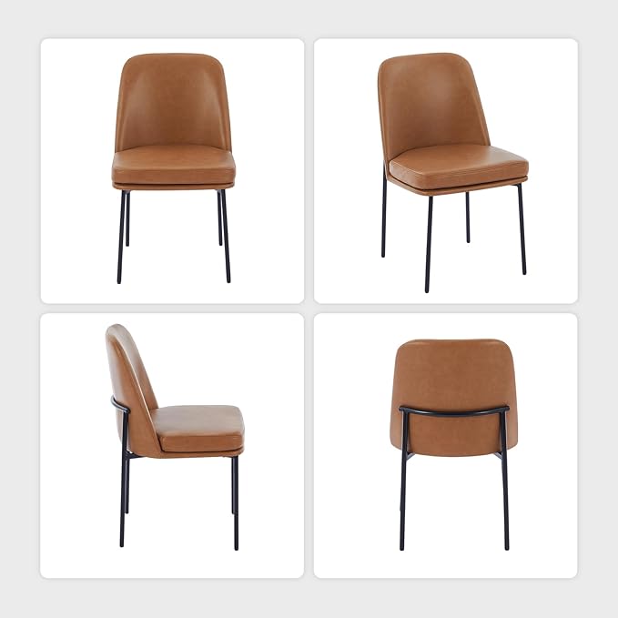 COLAMY Dining Chairs Set of 4, Modern Dining Chair, Leather Upholstered Dining Chairs, Kitchen Chairs with Curved Back and Metal Legs for Dining Room Kitchen Restaurant, Brown