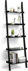 Ladder Shelf, 5-Tier Wall-Leaning Bookshelf, Rustic Wood Ladder, Storage Rack Shelves, Multipurpose Organizer Rack for Living Room, Bathroom, Office (Black)