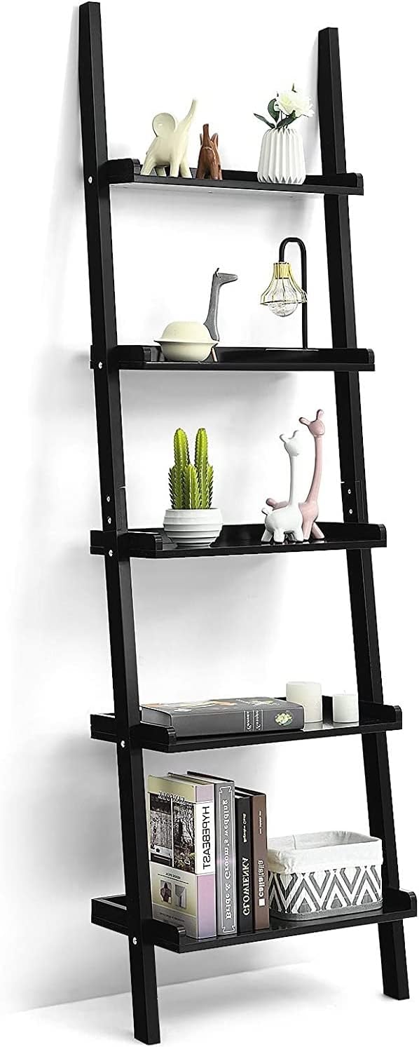 Ladder Shelf, 5-Tier Wall-Leaning Bookshelf, Rustic Wood Ladder, Storage Rack Shelves, Multipurpose Organizer Rack for Living Room, Bathroom, Office (Black)