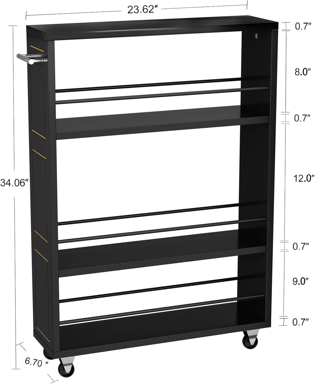 KLM 4 Tier Black Slim Storage Cart with Handle, Slide Out Storage Rolling Utility Cart for Kitchen, Laundry, Narrow Places-6.7" W