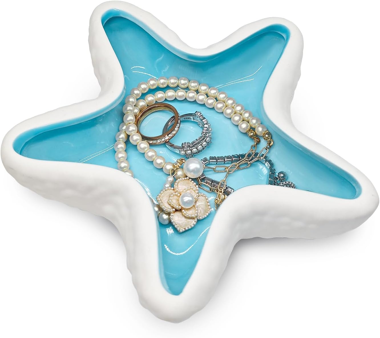 Starfish Jewelry Dish for Coastal Bathroom Decor, Ceramic Trinket Tray and Ring Holder with Glossy Blue Glaze, Beach Decor for Bedroom or Guest Room, Gift for Women
