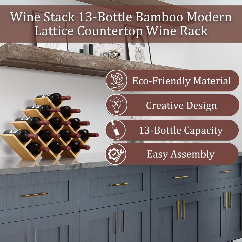 13 Bottle Bamboo Small Wine Rack for Countertop, No Tools Assembly, Modern La...