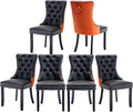 Dining Chairs Set of 6, Upholstered Tufted Dining Room Chairs with High Back, Nailhead Trim and Solid Wood Legs, Modern Dinning Chairs for Dining Room, Black Pu Leather Splicing Orange Velvet