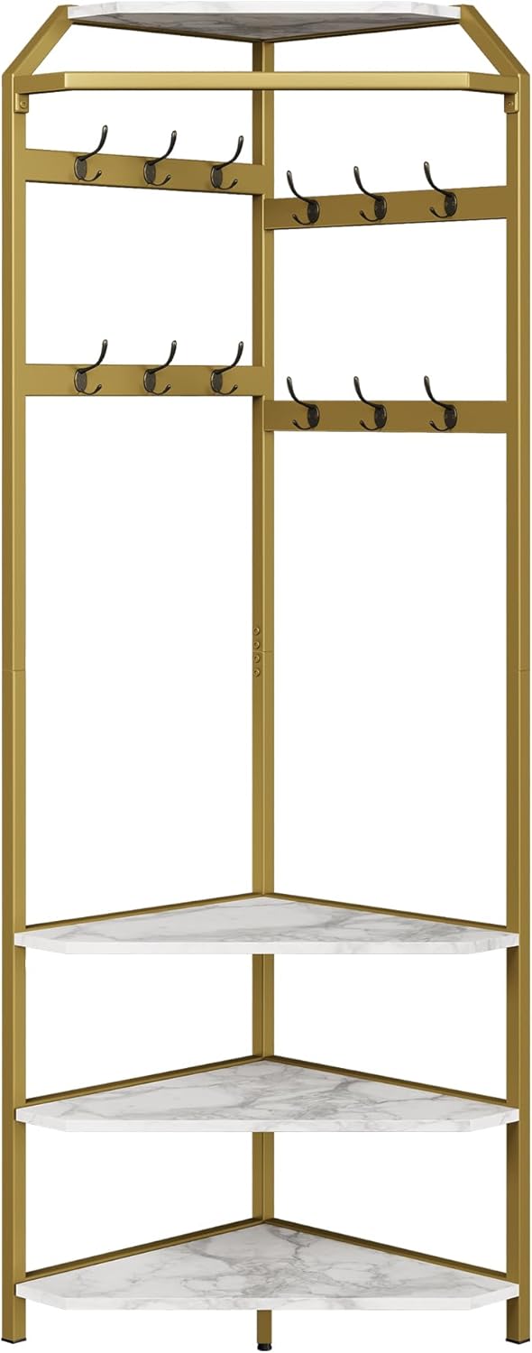 IDEALHOUSE Corner Coat Rack With Shoe Bench and 6 Double Hooks, Corner Hall Tree - Clothes Rack With Storage Hall Tree With Organizer Shelf for Entryway, Hallway, Closet (02-Gold)