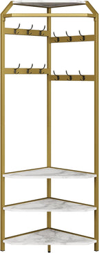 IDEALHOUSE Corner Coat Rack With Shoe Bench and 6 Double Hooks, Corner Hall Tree - Clothes Rack With Storage Hall Tree With Organizer Shelf for Entryway, Hallway, Closet (02-Gold)
