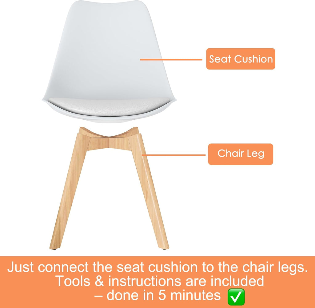 LSSBOUGHT Mid Century Modern Dining Chairs,Shell Lounge Plastic Side Chair with Soft Padded and Wooden Legs for Dining Room Living Room Bedroom Kitchen Set of 2 (White)